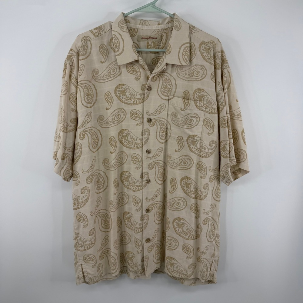 Tommy Bahama Button Up Shirt Mens XL Beige Paisley Silk Short Sleeve